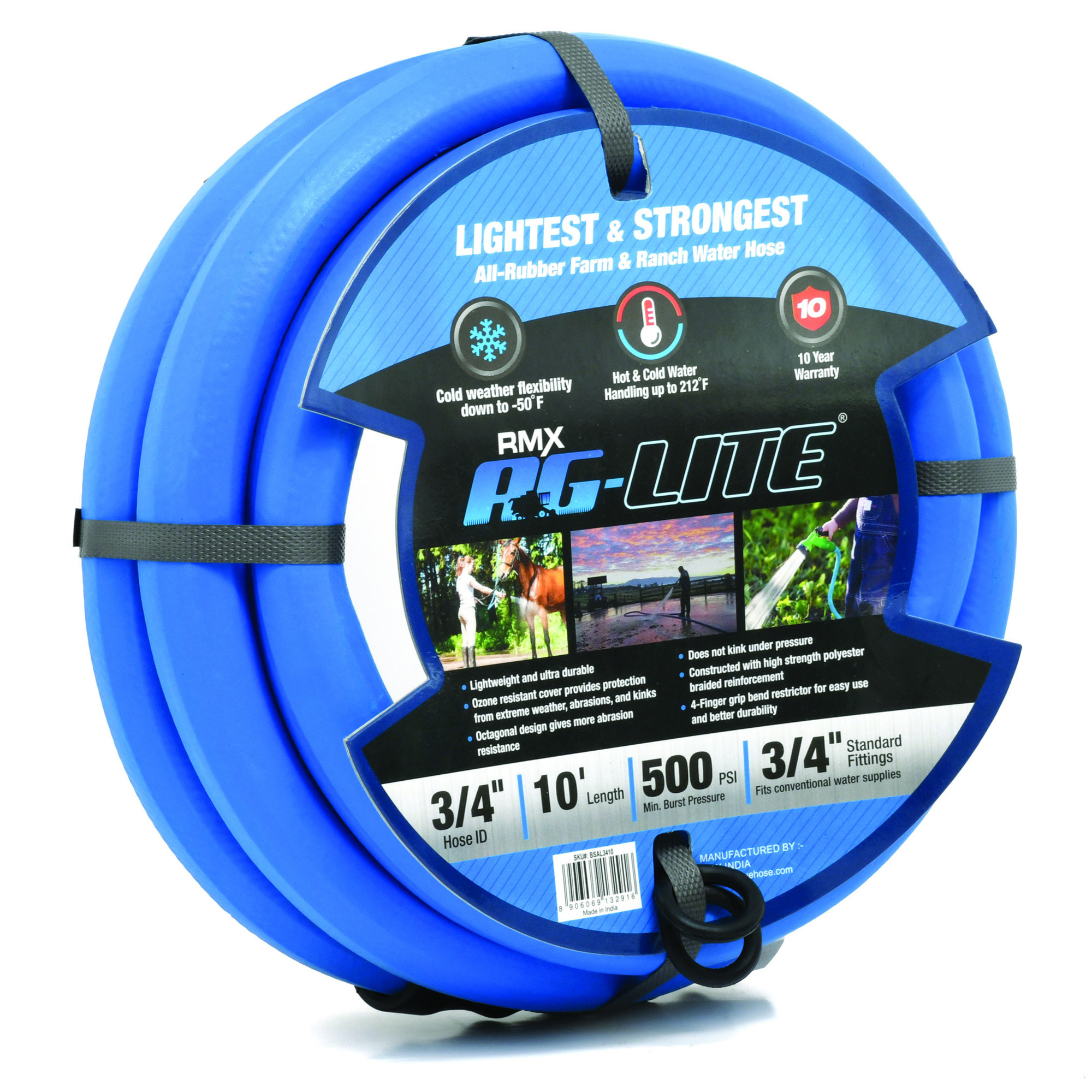 Aglite Rubber Water Hose, 3/4in. x 10ft., 500 PSI Max., Portable, Model# AL3410